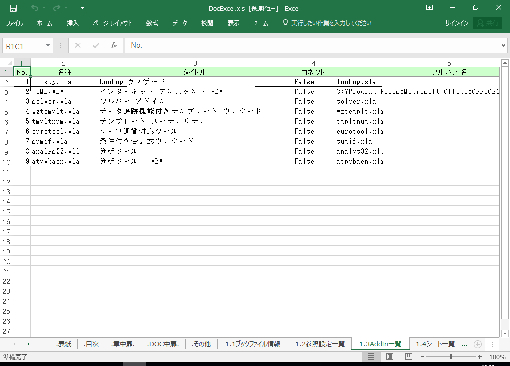Excel2010 システム 仕様書(プログラム 設計書) サンプル 例 (Excel2010対応)
1.3 AddIn一覧