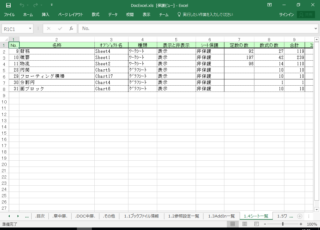 Excel2010 システム 仕様書(プログラム 設計書) サンプル 例 (Excel2010対応)
1.4 シート一覧