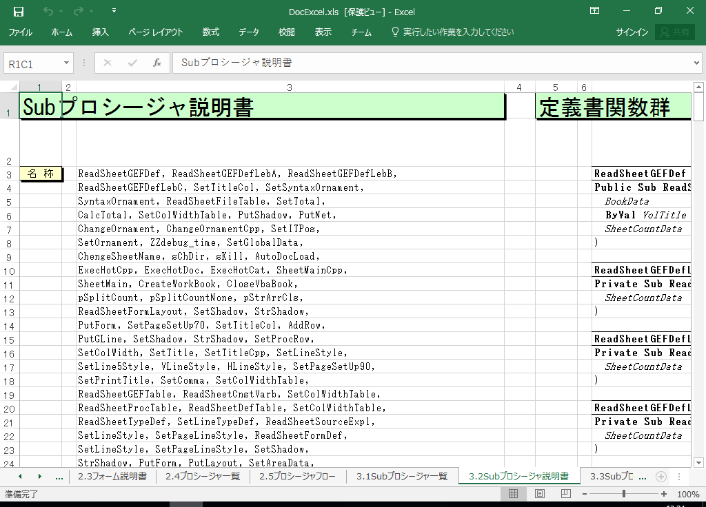 Excel2003 システム 仕様書(プログラム 設計書) サンプル 例 (Excel2003対応)
3.2 Subプロシージャ説明書