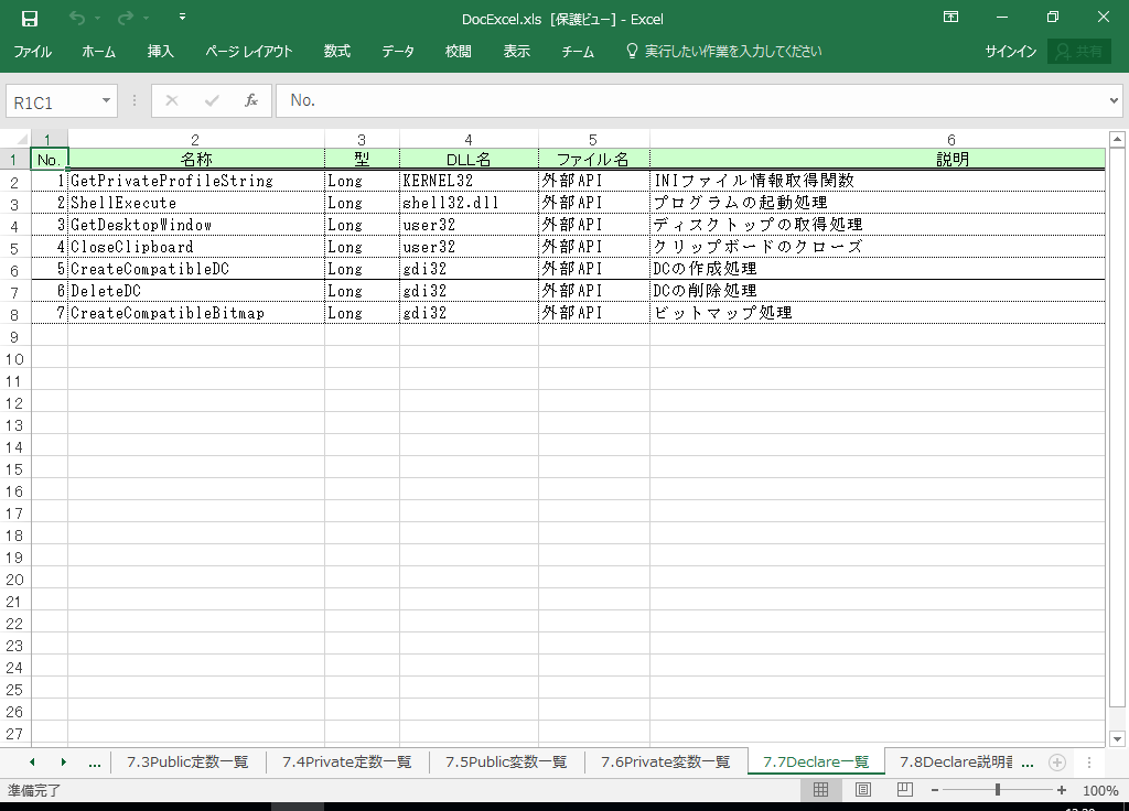 Excel2010 システム 仕様書(プログラム 設計書) サンプル 例 (Excel2010対応)
7.7 Declare一覧